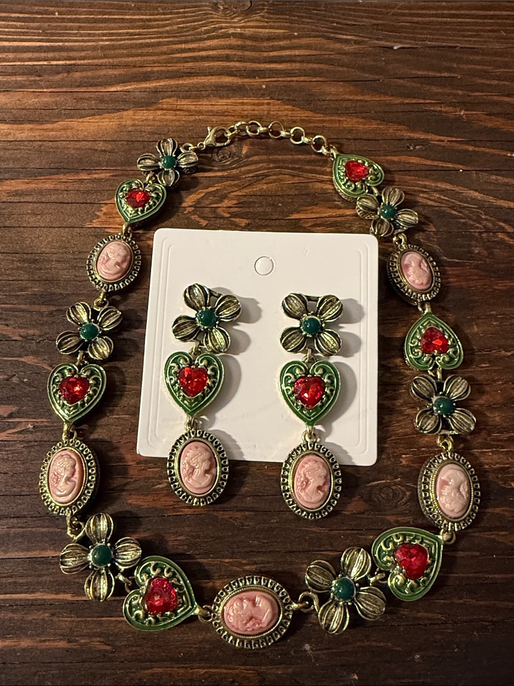 Vintage-Inspired Green and Red Cameo Necklace & Earring Set
